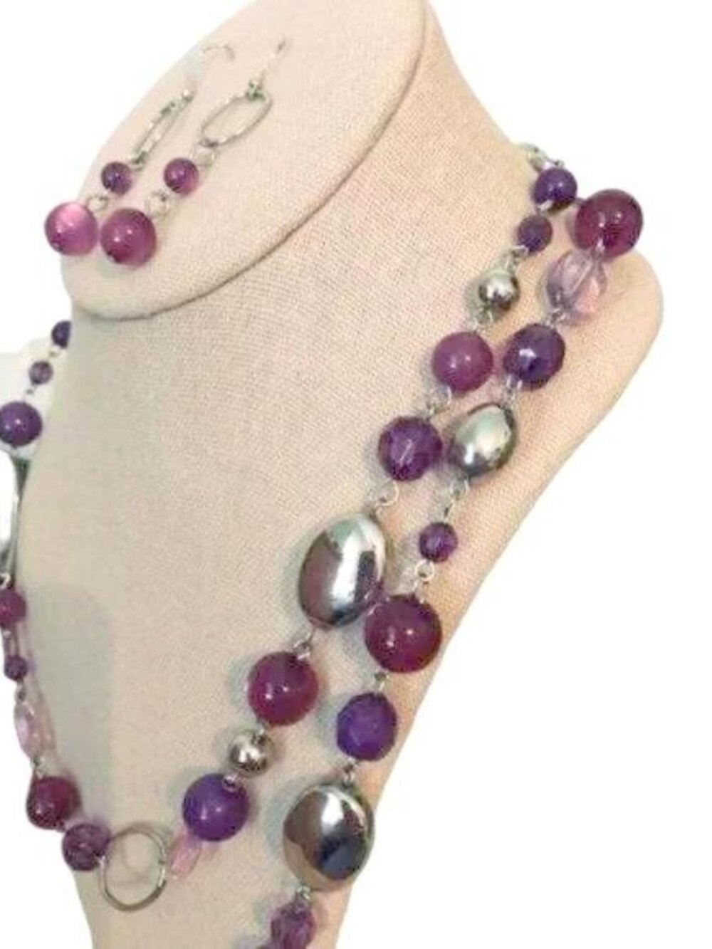Purple Beads Long Silver Chain  & with Earrings Set